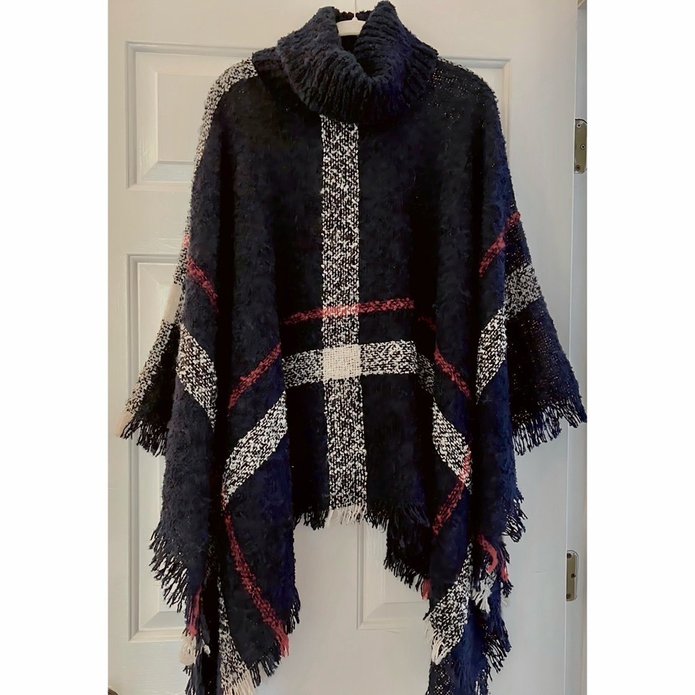 NEW! One Size Navy Blue Cozy Loose Turtleneck Plaid Super Soft Poncho! - Picture 4 of 5